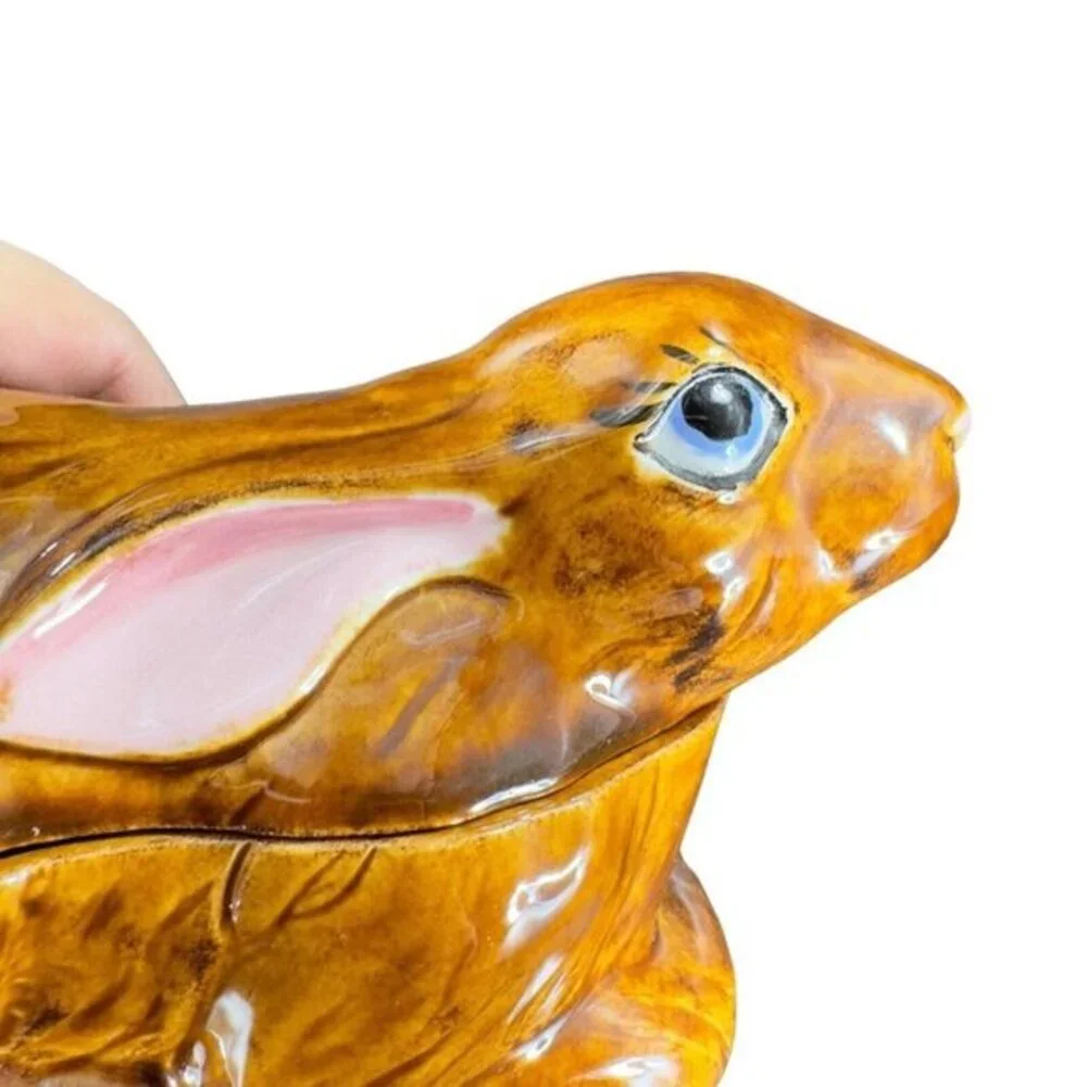 Hand Painted Ceramic Bunny Rabbit‎ Covered Dish W Lid Signed 1980s Vintage Decor